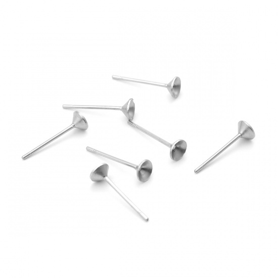 Picture of 304 Stainless Steel Ear Post Stud Earrings Round Silver Tone (Can Hold ss16 Pointed Back Rhinestone) 4mm Dia., Post/ Wire Size: (21 gauge), 50 PCs