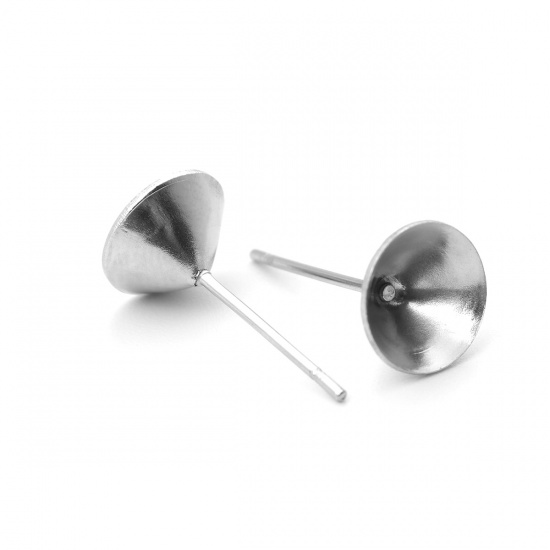 Picture of 304 Stainless Steel Ear Post Stud Earrings Round Silver Tone (Can Hold SS38 Pointed Back Rhinestone) 8mm Dia., Post/ Wire Size: (21 gauge), 50 PCs