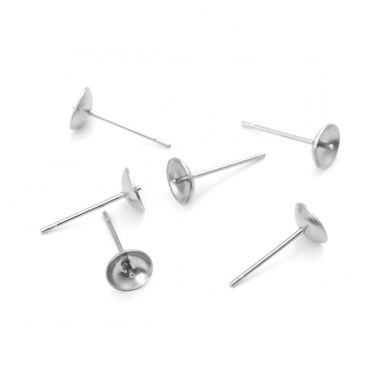 Picture of 304 Stainless Steel Ear Post Stud Earrings Round Silver Tone (Fit 10mm Bead) 6mm Dia., Post/ Wire Size: (21 gauge), 100 PCs