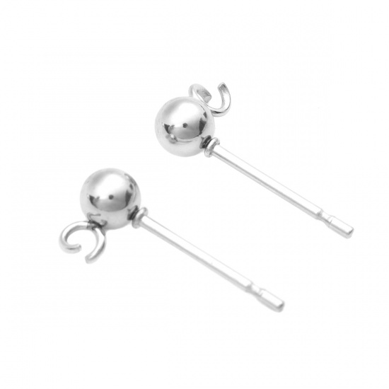 Picture of 304 Stainless Steel Ear Post Stud Earrings Ball Silver Tone W/ Loop 7mm x 4mm, Post/ Wire Size: (21 gauge), 20 PCs