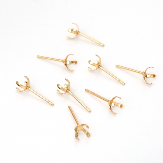 Picture of 304 Stainless Steel Ear Post Stud Earrings Round Gold Plated Cabochon Settings (Fits 5mm Dia.) 6mm Dia., Post/ Wire Size: (21 gauge), 100 PCs