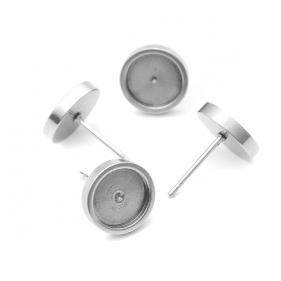 Picture of 304 Stainless Steel Ear Post Stud Earrings Round Silver Tone Cabochon Settings (Fits 8mm Dia.) 10mm Dia., Post/ Wire Size: (21 gauge), 10 PCs