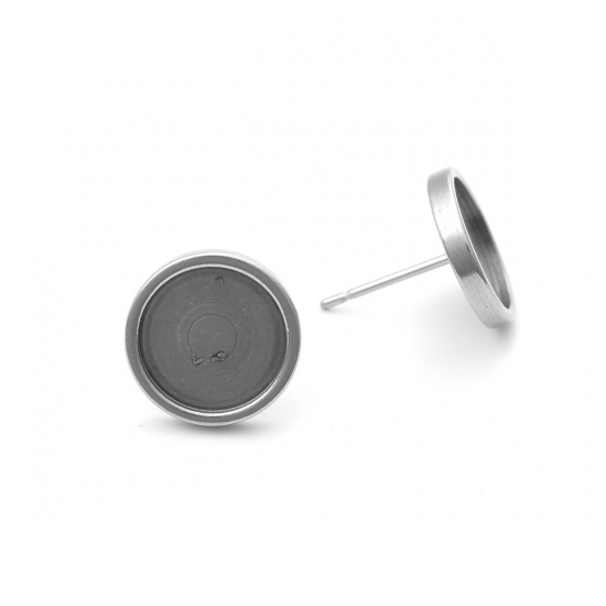 Picture of 304 Stainless Steel Ear Post Stud Earrings Round Silver Tone Cabochon Settings (Fits 10mm Dia.) 12mm Dia., Post/ Wire Size: (21 gauge), 10 PCs