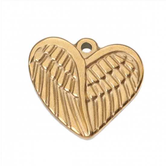 Picture of 304 Stainless Steel Charms Heart Gold Plated Feather 18mm x 16mm, 1 Piece