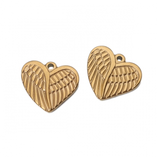 Picture of 304 Stainless Steel Charms Heart Gold Plated Feather 18mm x 16mm, 1 Piece