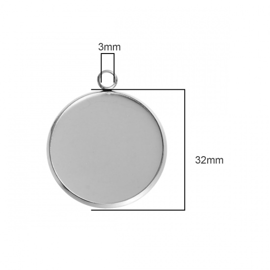 Picture of 304 Stainless Steel Pendants Round Disc Silver Tone Cabochon Settings (Fits 30mm Dia.) 3.6cm x 3.2cm, 5 PCs