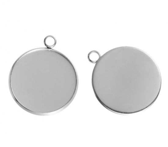 Picture of 304 Stainless Steel Pendants Round Disc Silver Tone Cabochon Settings (Fits 30mm Dia.) 3.6cm x 3.2cm, 5 PCs