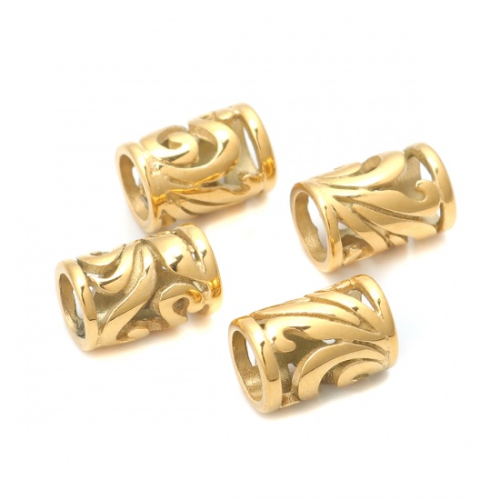 Imagen de 1 Unidad Recubrimiento al Vacío PVD Ecológico 304 Acero Inoxidable Cuentas Para Hacer Joyas De Bricolaje Chapado en Oro Cilíndrico Filigrana 10mm x 7mm, Agujero: Aprox 5mm