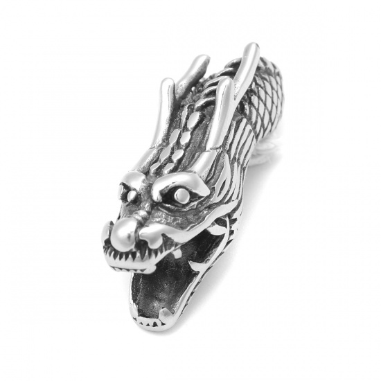 Picture of 304 Stainless Steel Beads Dragon Antique Silver Color 3.6cm x 1.1cm, Hole: Approx 6mm, 1 Piece