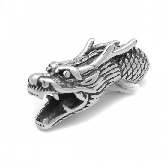 Picture of 304 Stainless Steel Beads Dragon Antique Silver Color 3.6cm x 1.1cm, Hole: Approx 6mm, 1 Piece