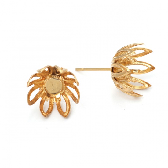 Image de Boucles d'Oreilles Puces en 304 Acier Inoxydable Fleur Doré Cabochon Rapportable (Adapté à 6mm Dia ) 11mm x 11mm, Epaisseur de Fil: (21 gauge), 4 Pcs