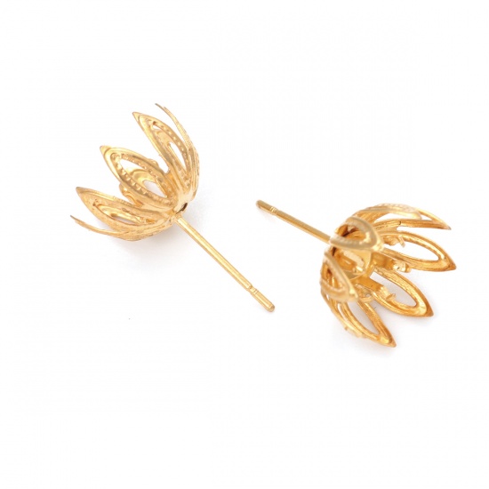 Picture of 304 Stainless Steel Ear Post Stud Earrings Flower Gold Plated Cabochon Settings (Fits 6mm Dia.) 11mm x 11mm, Post/ Wire Size: (21 gauge), 4 PCs