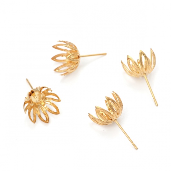 Image de Boucles d'Oreilles Puces en 304 Acier Inoxydable Fleur Doré Cabochon Rapportable (Adapté à 6mm Dia ) 11mm x 11mm, Epaisseur de Fil: (21 gauge), 4 Pcs