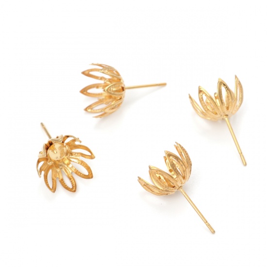 Picture of 304 Stainless Steel Ear Post Stud Earrings Flower Gold Plated Cabochon Settings (Fits 6mm Dia.) 11mm x 11mm, Post/ Wire Size: (21 gauge), 4 PCs