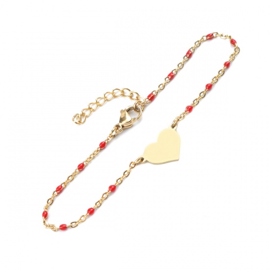 Picture of 304 Stainless Steel Bracelets Gold Plated Red Enamel Heart 18cm(7 1/8") long, 1 Piece