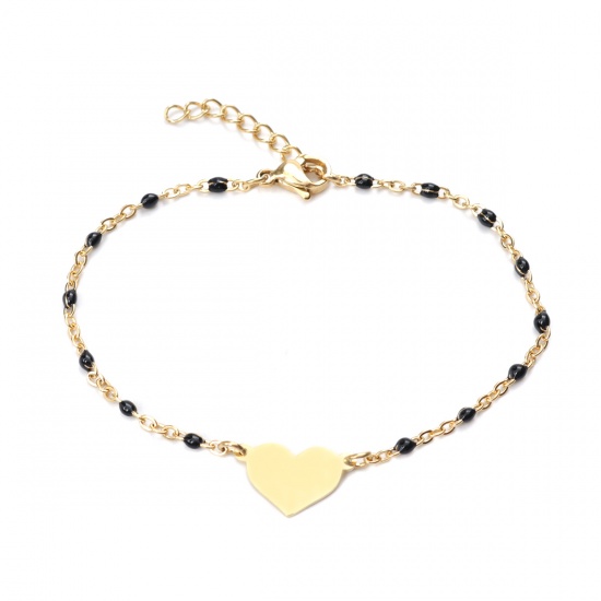 Picture of 304 Stainless Steel Bracelets Gold Plated Black Enamel Heart 18cm(7 1/8") long, 1 Piece