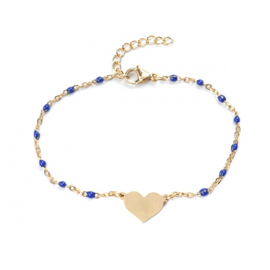 Picture of 304 Stainless Steel Bracelets Gold Plated Blue Enamel Heart 18cm(7 1/8") long, 1 Piece