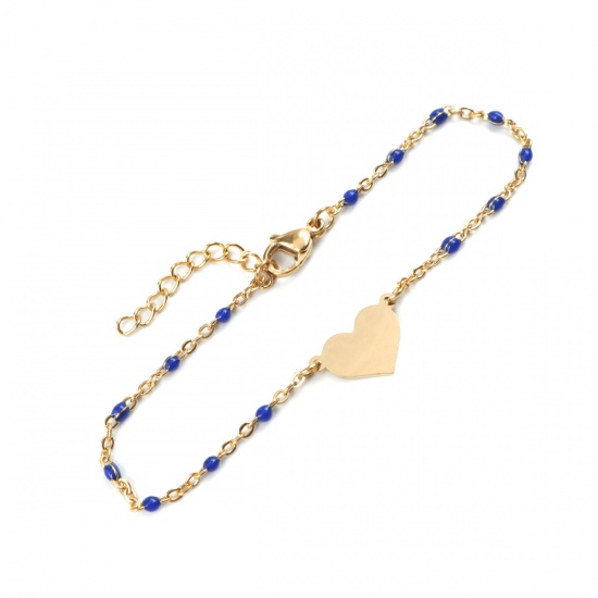 Picture of 304 Stainless Steel Bracelets Gold Plated Blue Enamel Heart 18cm(7 1/8") long, 1 Piece