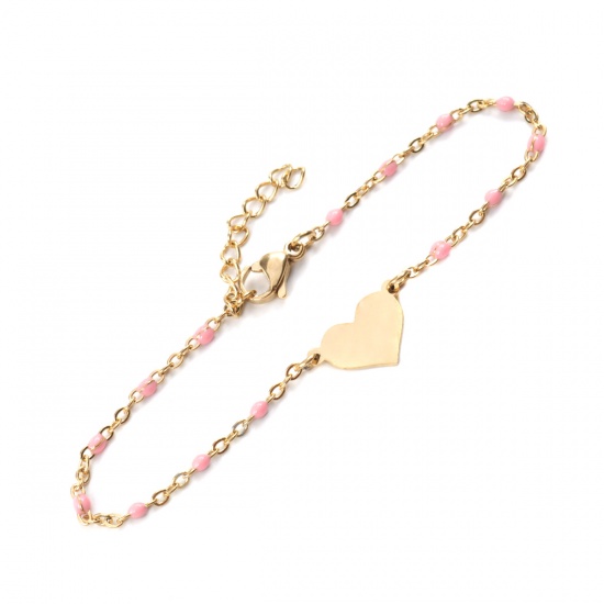 Picture of 304 Stainless Steel Bracelets Gold Plated Pink Enamel Heart 18cm(7 1/8") long, 1 Piece