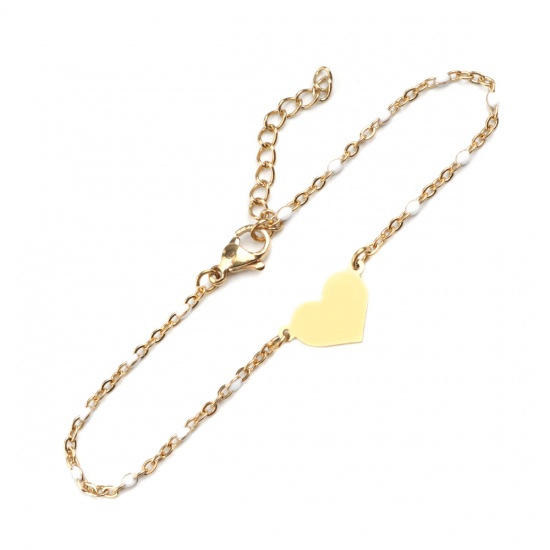 Picture of 304 Stainless Steel Bracelets Gold Plated White Enamel Heart 18cm(7 1/8") long, 1 Piece