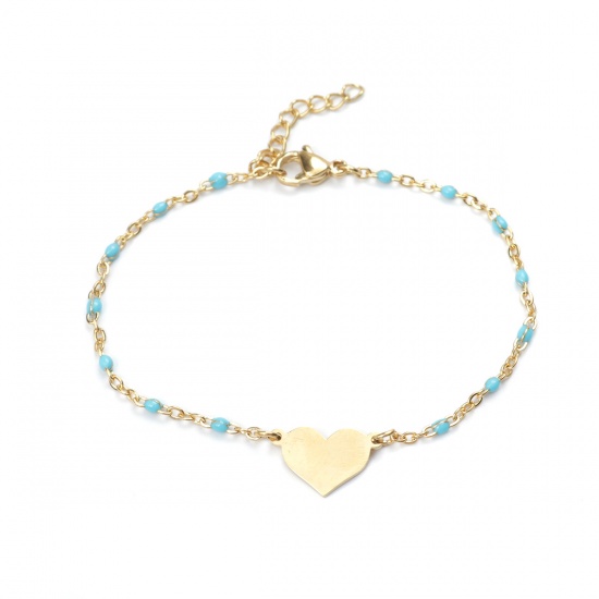Picture of 304 Stainless Steel Bracelets Gold Plated Light Blue Enamel Heart 18cm(7 1/8") long, 1 Piece
