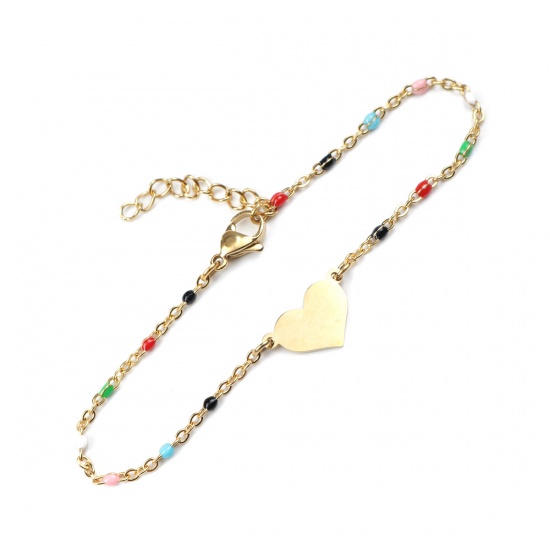 Picture of 304 Stainless Steel Bracelets Gold Plated Multicolor Enamel Heart 18cm(7 1/8") long, 1 Piece