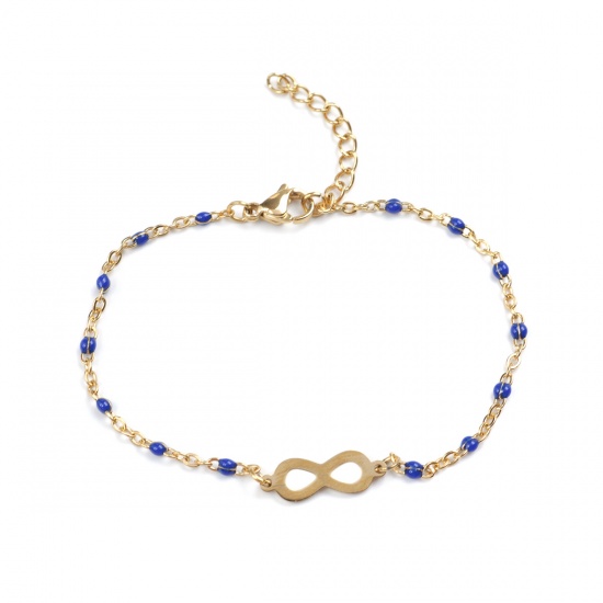 Picture of 304 Stainless Steel Bracelets Gold Plated Blue Enamel Infinity Symbol 18cm(7 1/8") long, 1 Piece