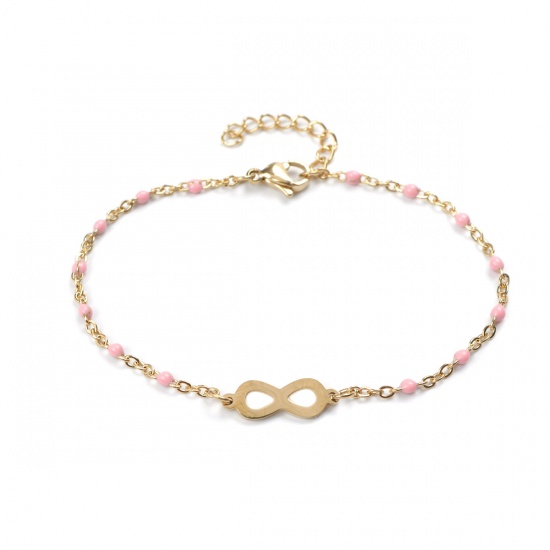 Picture of 304 Stainless Steel Bracelets Gold Plated Pink Enamel Infinity Symbol 18cm(7 1/8") long, 1 Piece