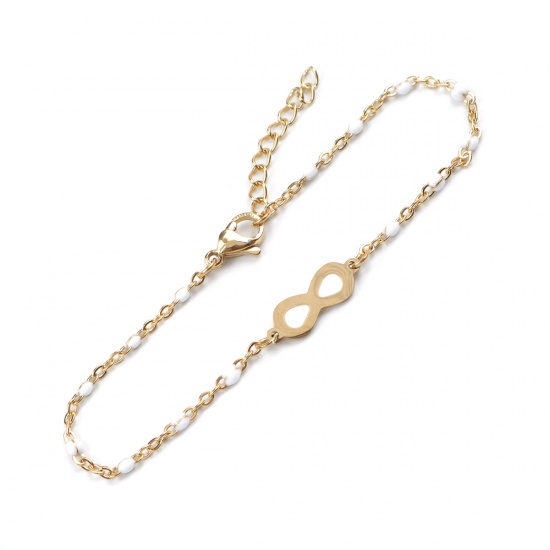 Picture of 304 Stainless Steel Bracelets Gold Plated White Enamel Infinity Symbol 18cm(7 1/8") long, 1 Piece