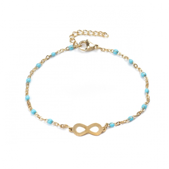 Picture of 304 Stainless Steel Bracelets Gold Plated Light Blue Enamel Infinity Symbol 18cm(7 1/8") long, 1 Piece