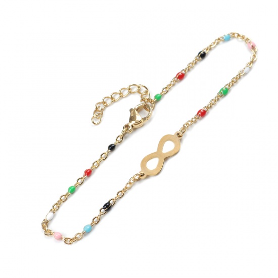 Picture of 304 Stainless Steel Bracelets Gold Plated Multicolor Enamel Infinity Symbol 18cm(7 1/8") long, 1 Piece