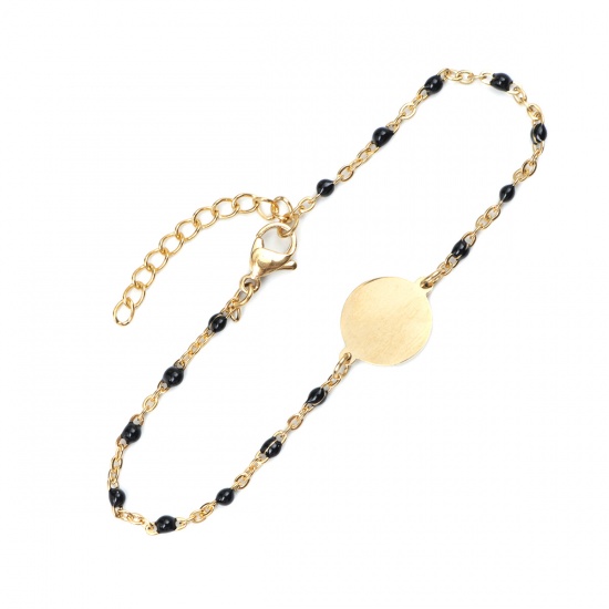 Picture of 304 Stainless Steel Bracelets Gold Plated Black Enamel Round 18cm(7 1/8") long, 1 Piece