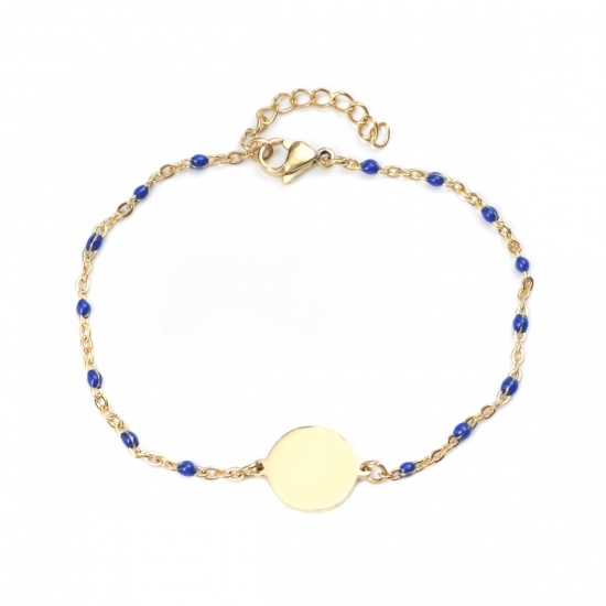 Picture of 304 Stainless Steel Bracelets Gold Plated Blue Enamel Round 18cm(7 1/8") long, 1 Piece