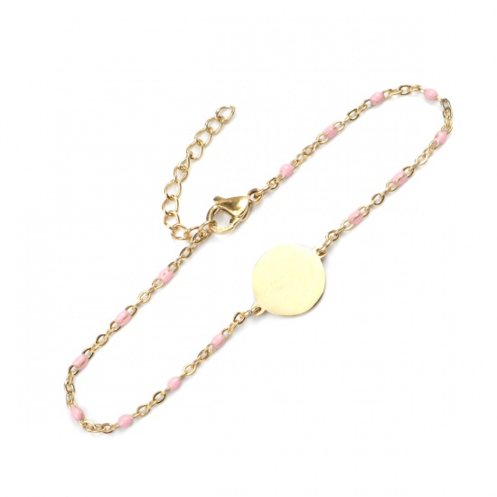Picture of 304 Stainless Steel Bracelets Gold Plated Pink Enamel Round 18cm(7 1/8") long, 1 Piece