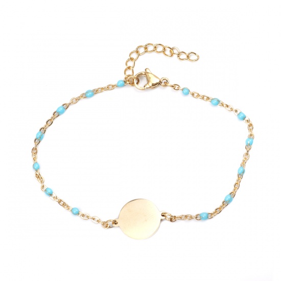 Picture of 304 Stainless Steel Bracelets Gold Plated Light Blue Enamel Round 18cm(7 1/8") long, 1 Piece