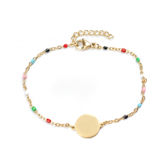 Picture of 304 Stainless Steel Bracelets Gold Plated Multicolor Enamel Round 18cm(7 1/8") long, 1 Piece