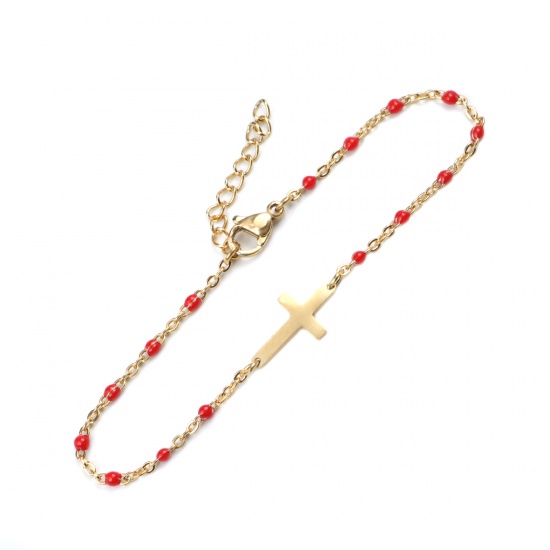 Picture of 304 Stainless Steel Bracelets Gold Plated Red Enamel Cross 18cm(7 1/8") long, 1 Piece
