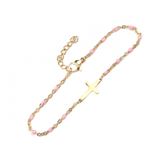 Picture of 304 Stainless Steel Bracelets Gold Plated Pink Enamel Cross 18cm(7 1/8") long, 1 Piece