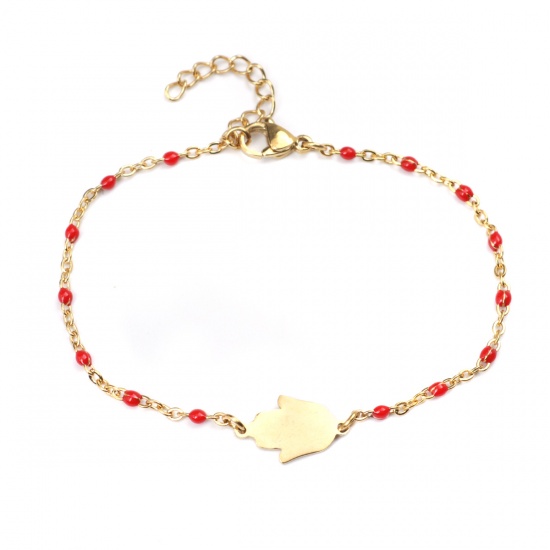 Picture of 304 Stainless Steel Bracelets Gold Plated Red Enamel Hand 18cm(7 1/8") long, 1 Piece