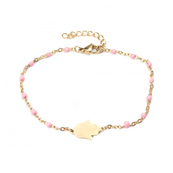 Picture of 304 Stainless Steel Bracelets Gold Plated Pink Enamel Hand 18cm(7 1/8") long, 1 Piece