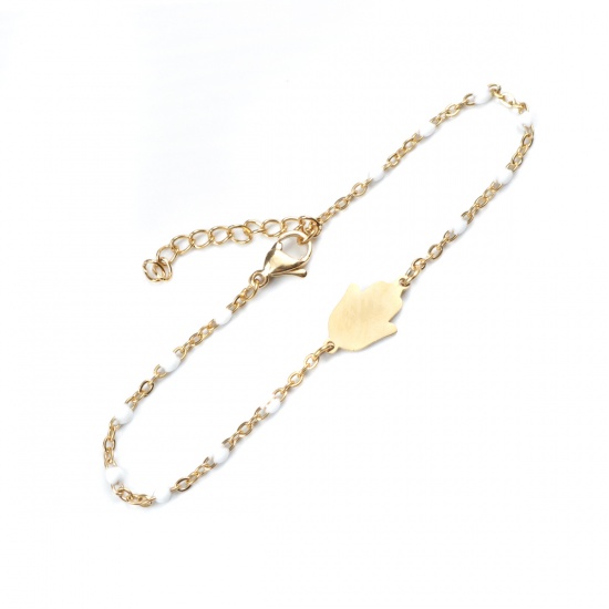 Picture of 304 Stainless Steel Bracelets Gold Plated White Enamel Hand 18cm(7 1/8") long, 1 Piece