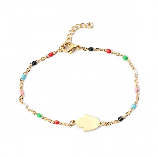 Picture of 304 Stainless Steel Bracelets Gold Plated Multicolor Enamel Hand 18cm(7 1/8") long, 1 Piece