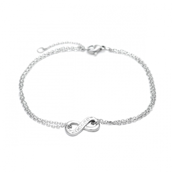 Picture of Stainless Steel Bracelets Silver Tone Infinity Symbol Clear Cubic Zirconia 20cm(7 7/8") long, 1 Piece