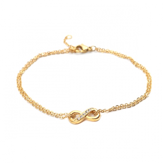 Picture of Stainless Steel Bracelets Gold Plated Infinity Symbol Clear Cubic Zirconia 20cm(7 7/8") long, 1 Piece