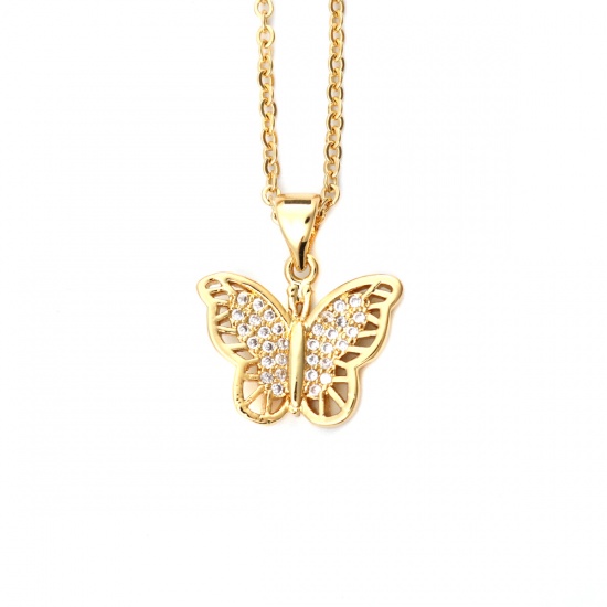 Immagine di Acciaio Inossidabile & Rame Micro Intarsio Collana Oro Placcato Farfalla Trasparente Cubic Zirconia 45cm Lunghezza, 1 Pz