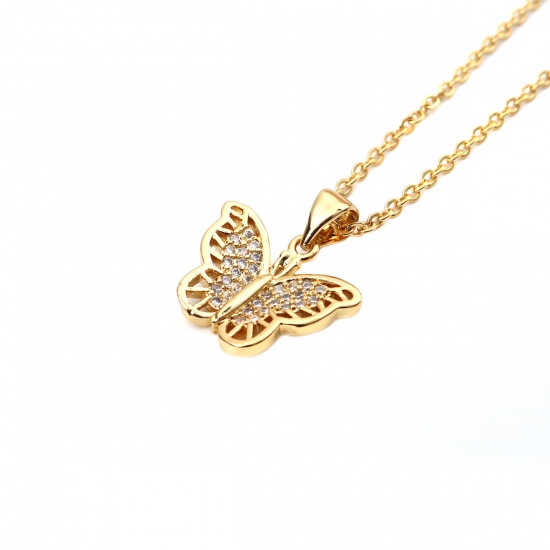 Immagine di Acciaio Inossidabile & Rame Micro Intarsio Collana Oro Placcato Farfalla Trasparente Cubic Zirconia 45cm Lunghezza, 1 Pz