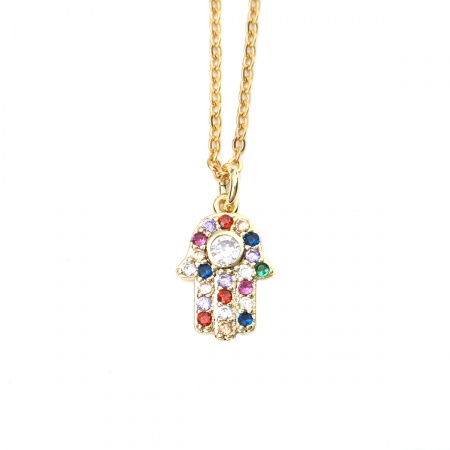 Picture of Stainless Steel & Copper Micro Pave Necklace Gold Plated Hamsa Symbol Hand Multicolour Cubic Zirconia 45cm(17 6/8") long, 1 Piece