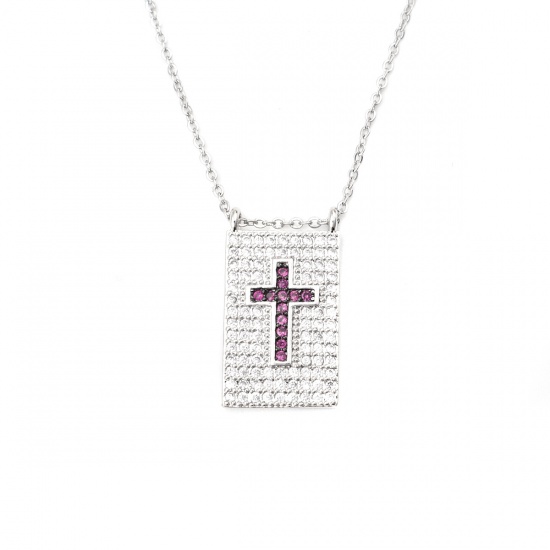 Imagen de Acero Inoxidable & Cobre Micro Pave Collares Tono de Plata Rectángulo Fucsia Circón Artificial 45cm longitud, 1 Unidad