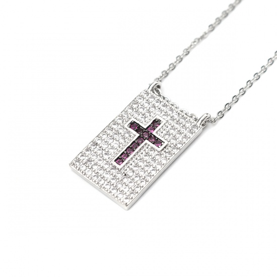 Imagen de Acero Inoxidable & Cobre Micro Pave Collares Tono de Plata Rectángulo Fucsia Circón Artificial 45cm longitud, 1 Unidad