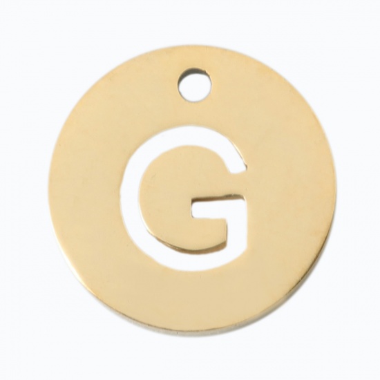 Picture of 304 Stainless Steel Charms Round Gold Plated Initial Alphabet/ Capital Letter Message " G " Hollow 10mm Dia., 2 PCs